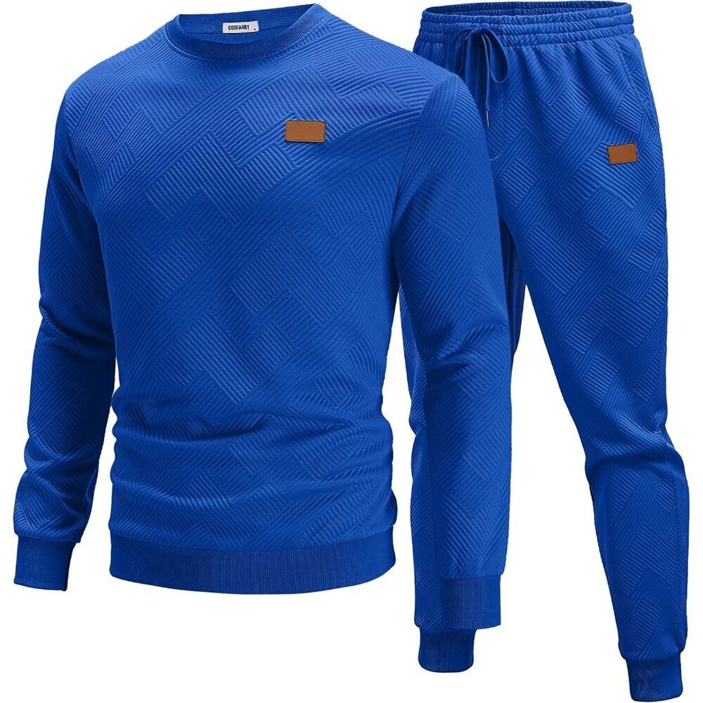Men's 2 Piece Sweat suit Jogging Suit Set Long Sleeve Jacquard Shirt Bright Blue